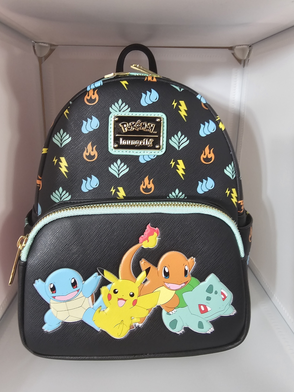 Loungefly Black Kids Backpack with Pikachu, Charmander, Squirtle & Bulbasaur